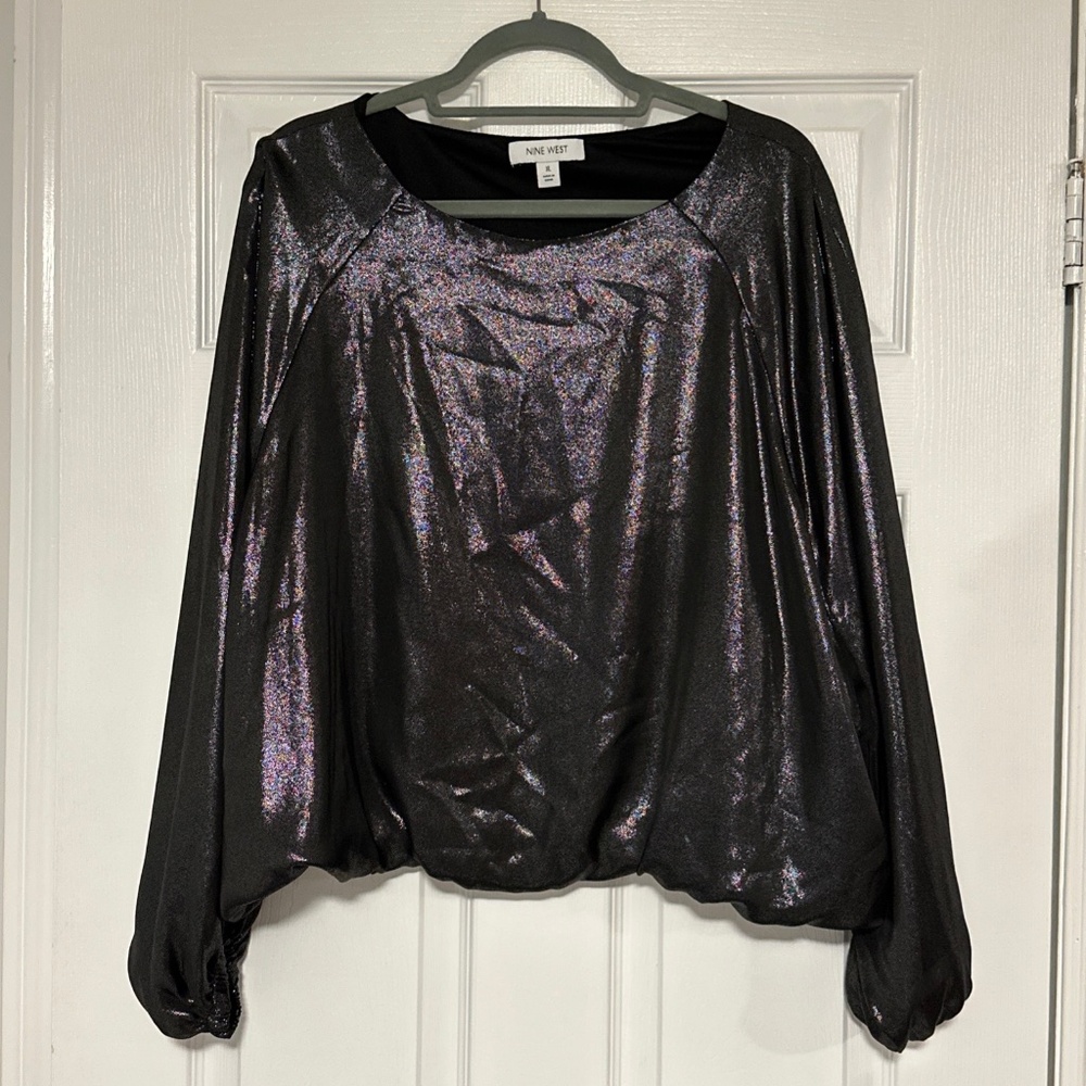 Nine West Women's Metallic Blouse Top Long Balloon Sleeve Size XL Black Gunmetal